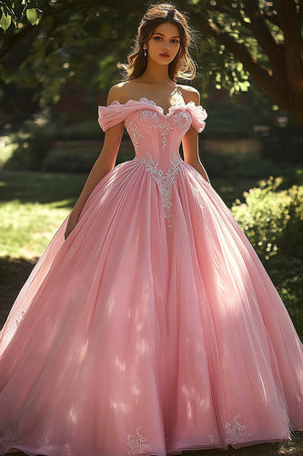 Prinzessin Schulterfreies Appliziertes  Ballkleid mit Applikationen Rosa Quinceanera-Kleid