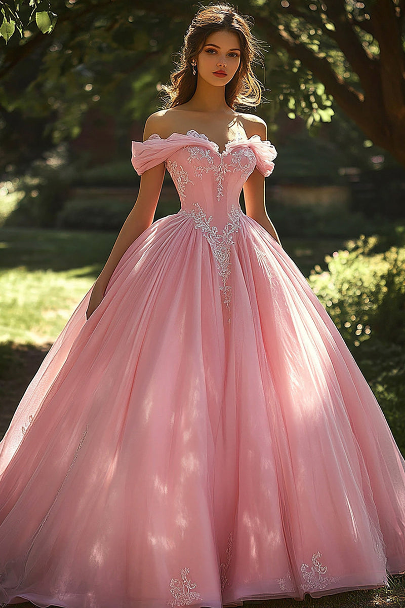 Laden Sie das Bild in den Galerie-Viewer, Prinzessin Schulterfreies Appliziertes  Ballkleid mit Applikationen Rosa Quinceanera-Kleid