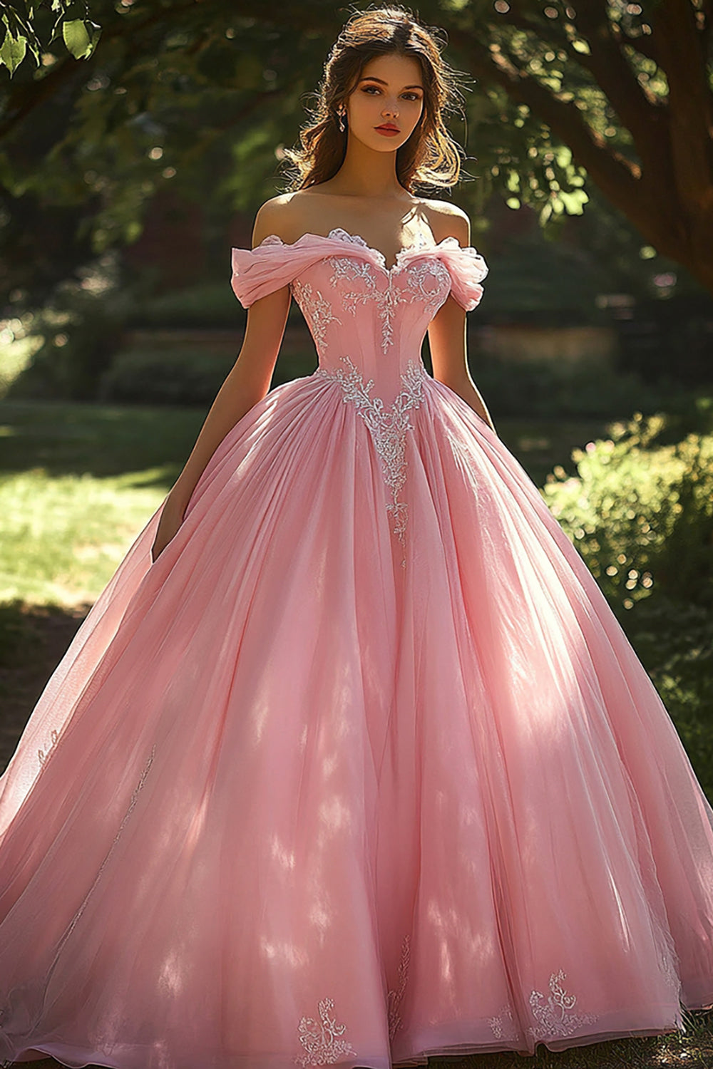 Prinzessin Schulterfreies Appliziertes  Ballkleid mit Applikationen Rosa Quinceanera-Kleid