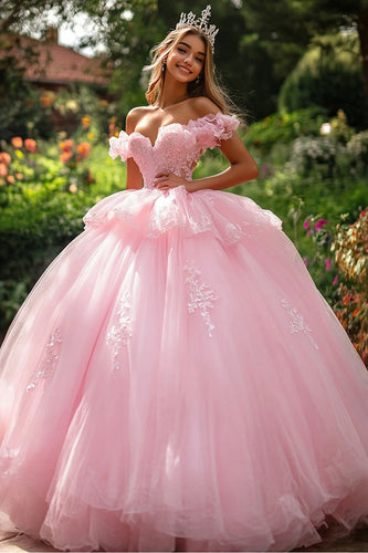 Prinzessin Schulterfreies Ballkleid mit Rüschen Rosa Quinceanera Kleid