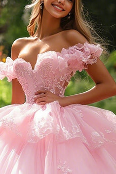 Prinzessin Schulterfreies Ballkleid mit Rüschen Rosa Quinceanera Kleid
