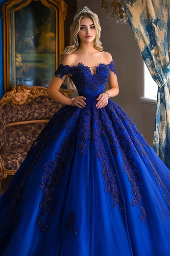 Schulterfreies Ballkleid mit Applikationen Königsblaues Quinceanera Kleid