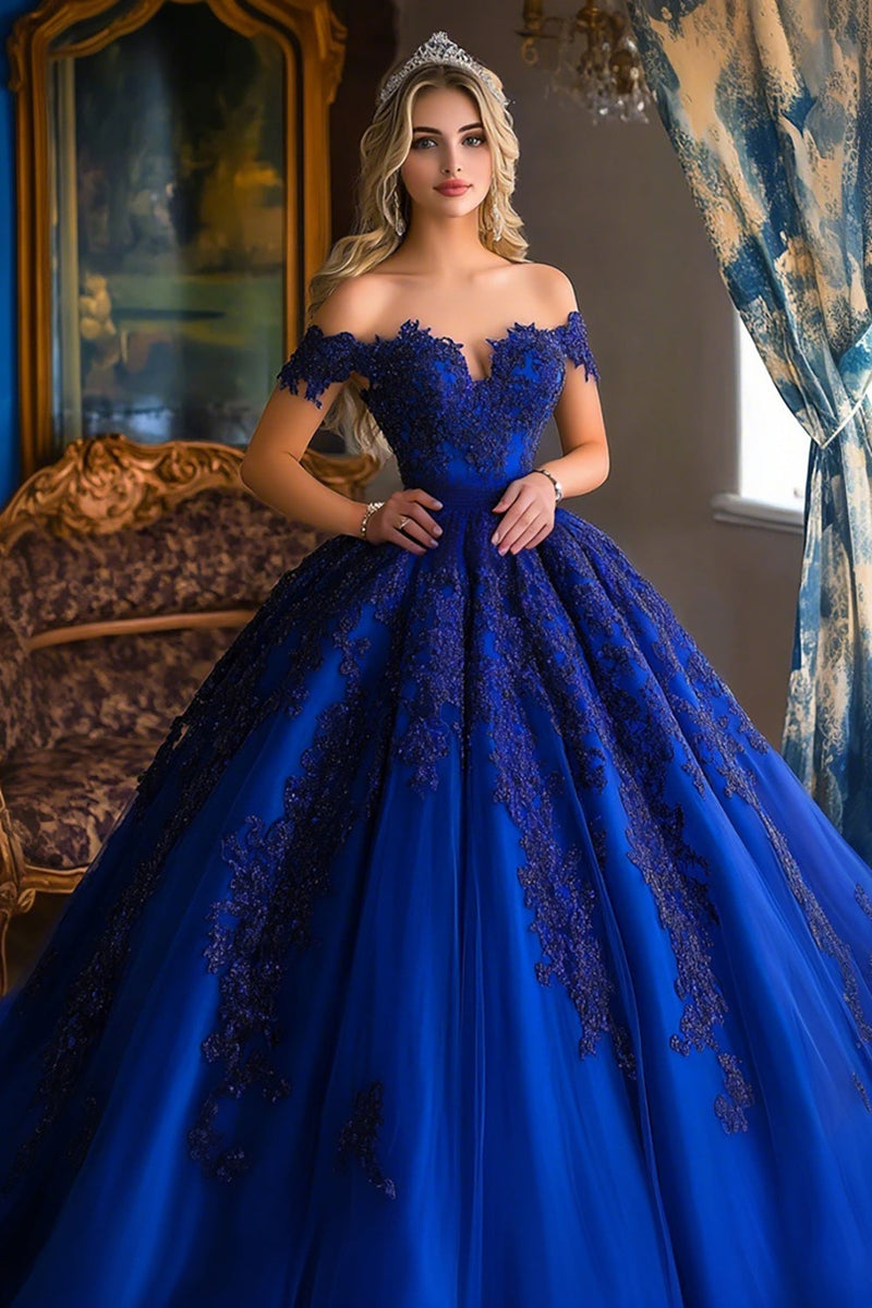 Laden Sie das Bild in den Galerie-Viewer, Schulterfreies Ballkleid mit Applikationen Königsblaues Quinceanera Kleid