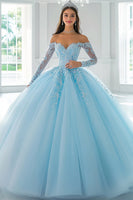 Laden Sie das Bild in den Galerie-Viewer, Schulterfreies Ballkleid mit Applikationen Himmelblaues Quinceanera Kleid