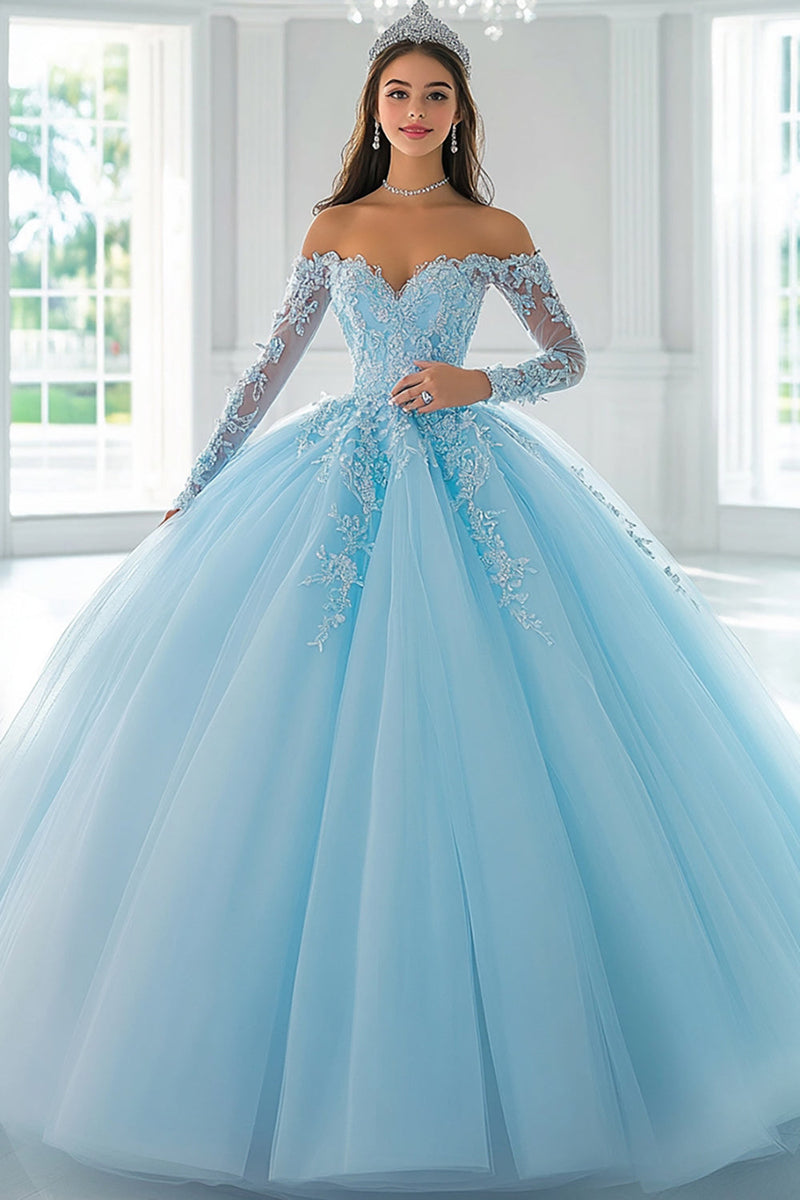 Laden Sie das Bild in den Galerie-Viewer, Schulterfreies Ballkleid mit Applikationen Himmelblaues Quinceanera Kleid