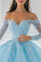 Laden Sie das Bild in den Galerie-Viewer, Schulterfreies Ballkleid mit Applikationen Himmelblaues Quinceanera Kleid
