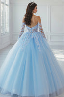 Laden Sie das Bild in den Galerie-Viewer, Schulterfreies Ballkleid mit Applikationen Himmelblaues Quinceanera Kleid aus Spitze