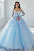Laden Sie das Bild in den Galerie-Viewer, Schulterfreies Ballkleid mit Applikationen Himmelblaues Quinceanera Kleid aus Spitze
