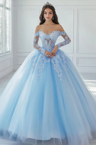 Schulterfreies Ballkleid mit Applikationen Himmelblaues Quinceanera Kleid aus Spitze