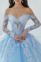 Laden Sie das Bild in den Galerie-Viewer, Schulterfreies Ballkleid mit Applikationen Himmelblaues Quinceanera Kleid aus Spitze