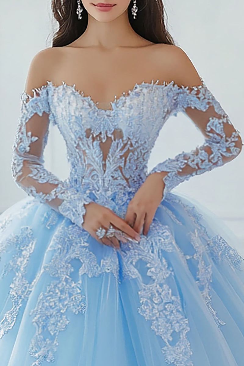 Laden Sie das Bild in den Galerie-Viewer, Schulterfreies Ballkleid mit Applikationen Himmelblaues Quinceanera Kleid aus Spitze