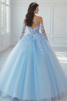 Schulterfreies Ballkleid mit Applikationen Himmelblaues Quinceanera Kleid aus Spitze