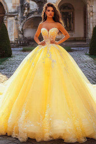 Ballkleid Trägerloses Gelbes Appliziertes Quinceanera Kleid