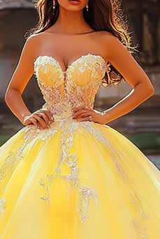 Ballkleid Trägerloses Gelbes Appliziertes Quinceanera Kleid