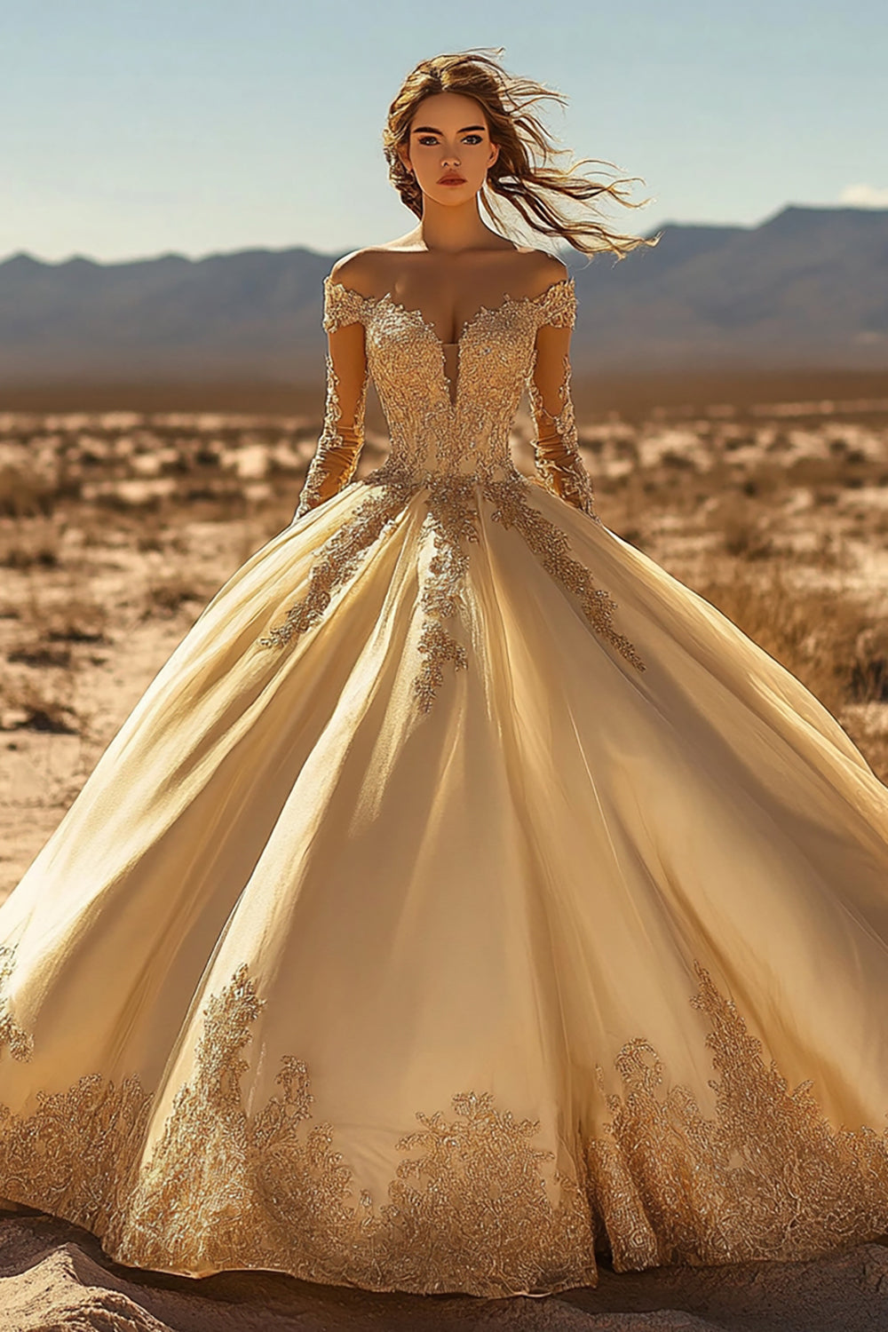 Golden Schulterfreies Ballkleid mit Applikationen Quinceanera Kleid aus Spitze