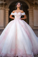 Laden Sie das Bild in den Galerie-Viewer, Weißes Rosa Ballkleid Prinzessin Tüll Langes Quinceanera Kleid mit Applikationen