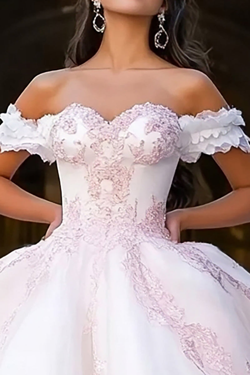 Laden Sie das Bild in den Galerie-Viewer, Weißes Rosa Ballkleid Prinzessin Tüll Langes Quinceanera Kleid mit Applikationen