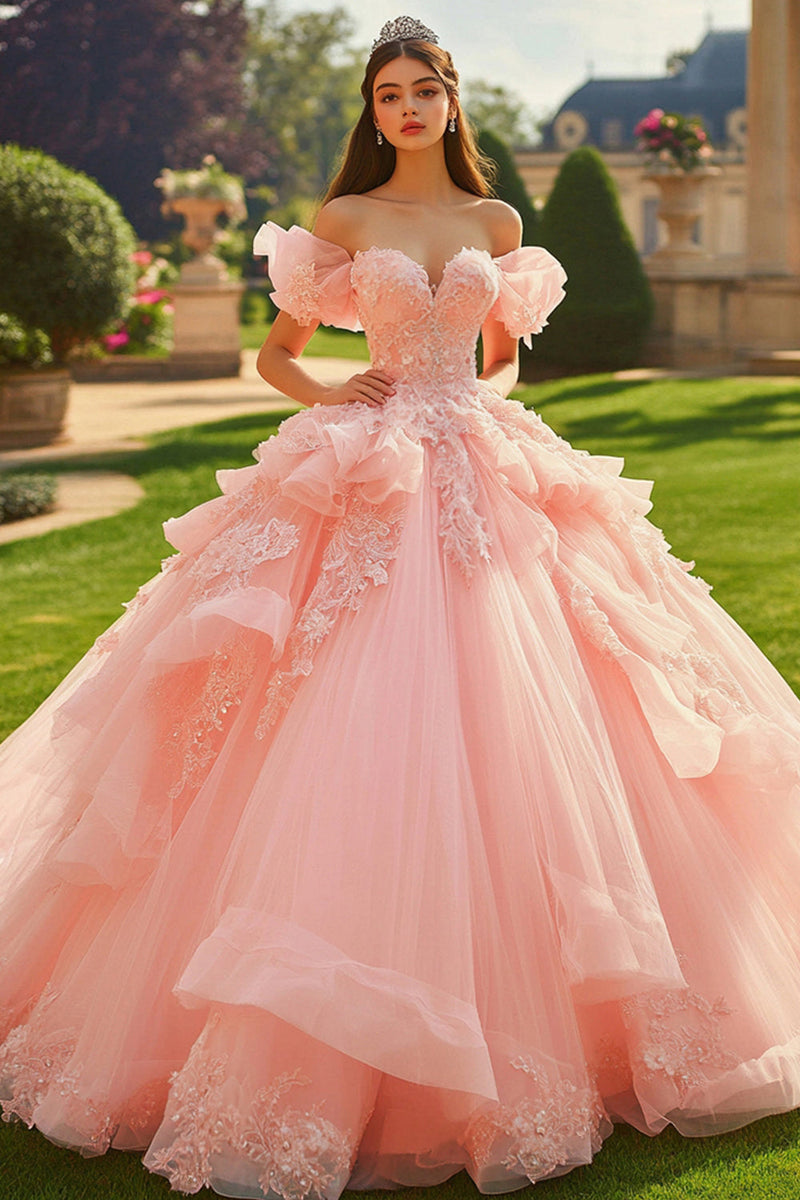 Laden Sie das Bild in den Galerie-Viewer, Rosa Ballkleid aus Tüll Prinzessin Langes Quinceanera Kleid mit Rüschen