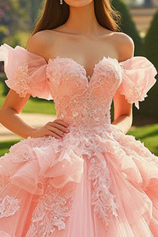 Rosa Ballkleid aus Tüll Prinzessin Langes Quinceanera Kleid mit Rüschen