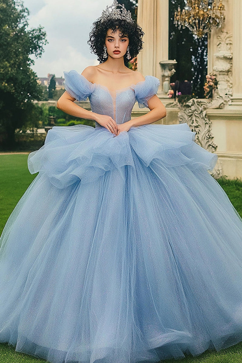 Laden Sie das Bild in den Galerie-Viewer, Glitzerndes Staubblaues Ballkleid Langes Schulterfreies Quinceanera Kleid mit Rüschen