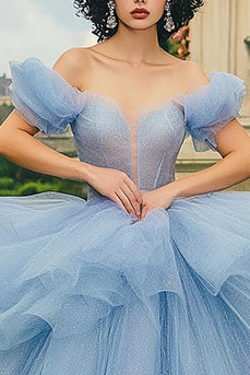 Glitzerndes Staubblaues Ballkleid Langes Schulterfreies Quinceanera Kleid mit Rüschen