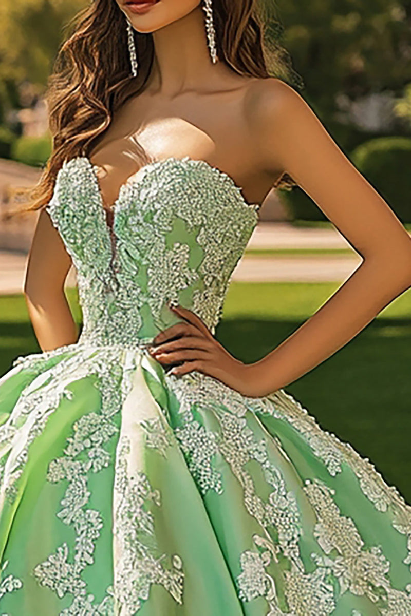 Laden Sie das Bild in den Galerie-Viewer, Grünes Ballkleid Herzausschnitt Langes Prinzessin Quinceanera Kleid mit Applikationen