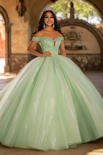 Glitzerndes Hellgrünes Ballkleid aus Tüll Langes Quinceanera Kleid mit Applikationen