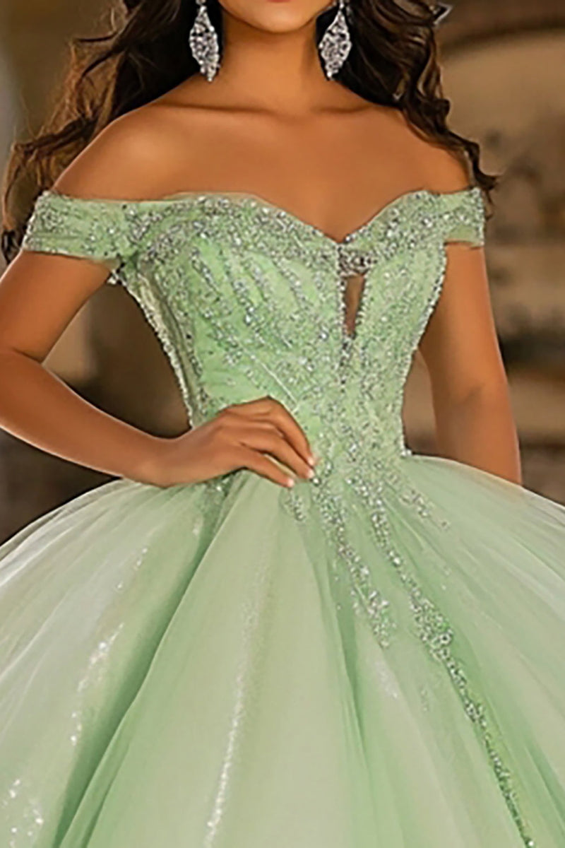 Laden Sie das Bild in den Galerie-Viewer, Glitzerndes Hellgrünes Ballkleid aus Tüll Langes Quinceanera Kleid mit Applikationen