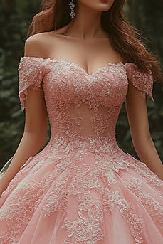 Rosa Prinzessin Tüll Ballkleid Langes Quinceanera Kleid mit Spitze