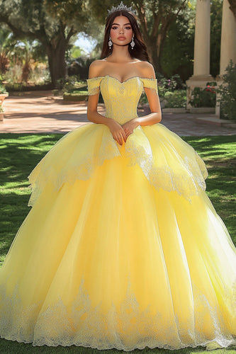 Gelbes Ballkleid Langes Quinceanera-Kleid aus Tüll mit Appliaktionen und Rüschen