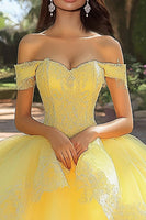 Laden Sie das Bild in den Galerie-Viewer, Gelbes Ballkleid Langes Quinceanera-Kleid aus Tüll mit Appliaktionen und Rüschen