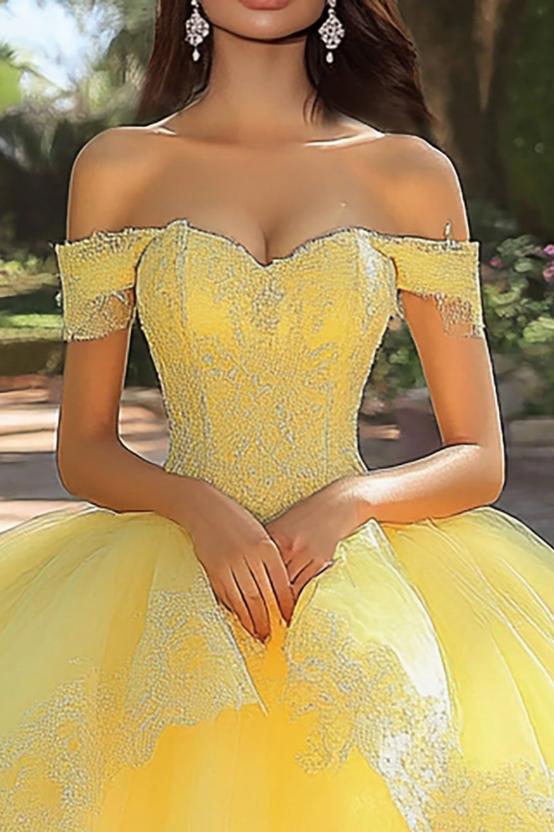 Laden Sie das Bild in den Galerie-Viewer, Gelbes Ballkleid Langes Quinceanera-Kleid aus Tüll mit Appliaktionen und Rüschen