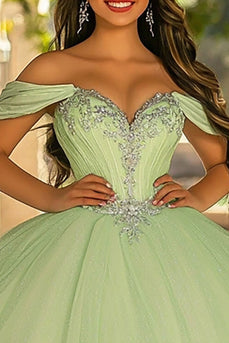 Hellgrünes Glitzer Ballkleid Langes Quinceanera-Kleid aus Tüll mit Applikationen
