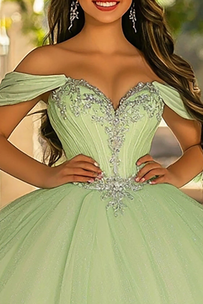 Laden Sie das Bild in den Galerie-Viewer, Hellgrünes Glitzer Ballkleid Langes Quinceanera-Kleid aus Tüll mit Applikationen