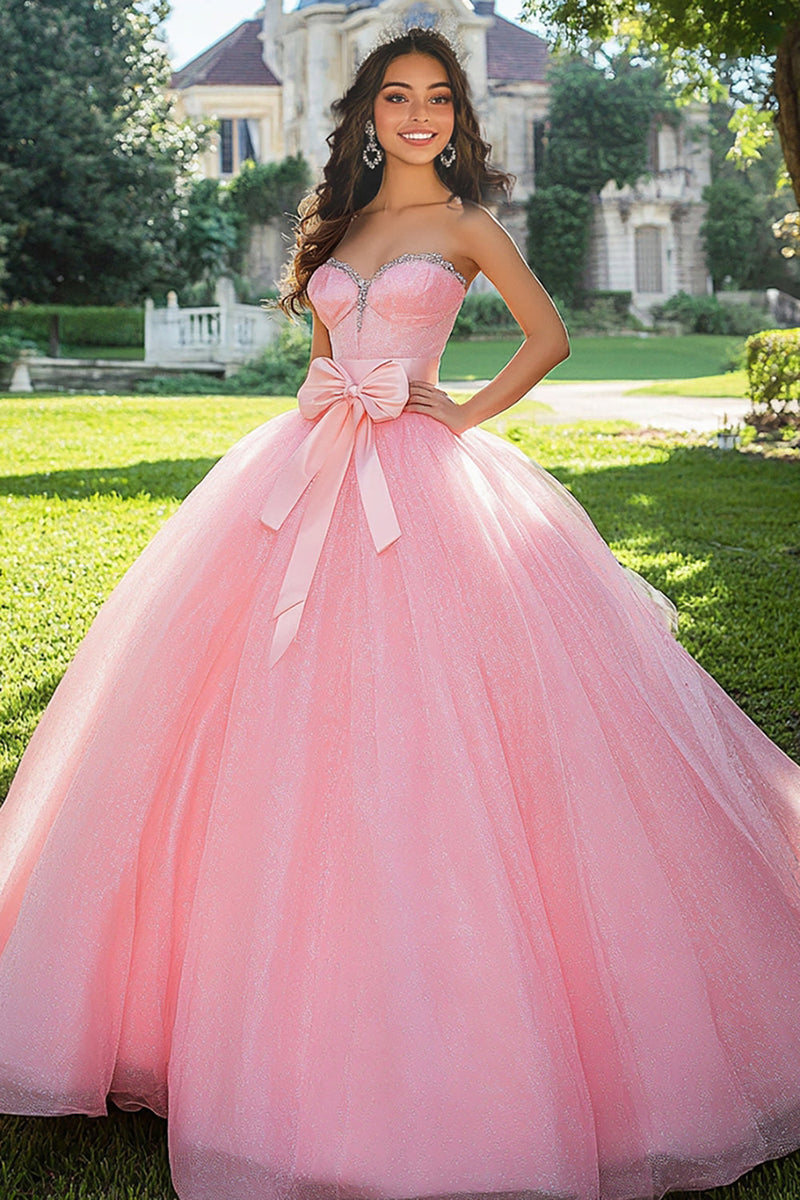 Laden Sie das Bild in den Galerie-Viewer, Funkelndes Rosa Ballkleid Tüll Herzausschnitt Langes Quinceanera-Kleid mit Schleife