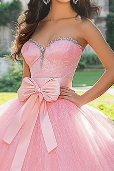 Funkelndes Rosa Ballkleid Tüll Herzausschnitt Langes Quinceanera-Kleid mit Schleife