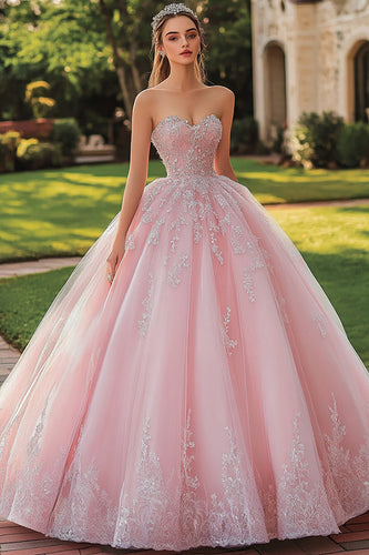 Rosa Prinzessin Langes Quinceanera Kleid aus Tüll mit Spitze