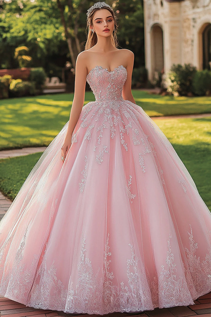 Laden Sie das Bild in den Galerie-Viewer, Rosa Prinzessin Langes Quinceanera Kleid aus Tüll mit Spitze