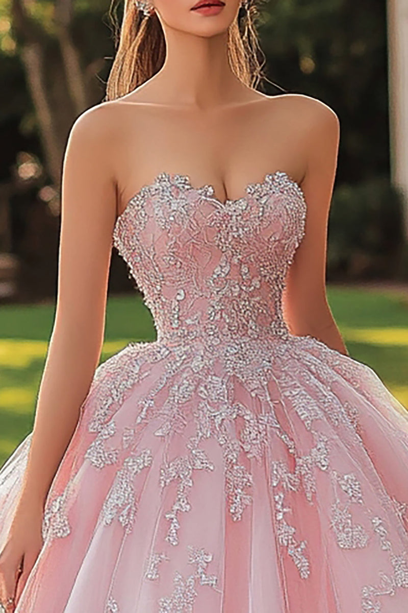 Laden Sie das Bild in den Galerie-Viewer, Rosa Prinzessin Langes Quinceanera Kleid aus Tüll mit Spitze