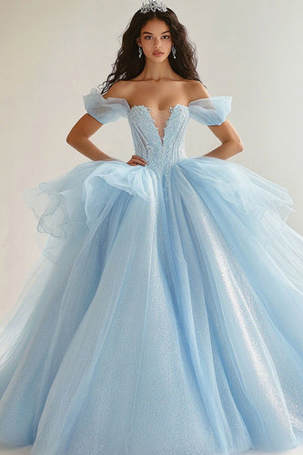 Himmelblaues Ballkleid Prinzessin Glitzer Langes Quinceanera Kleid aus Tüll mit Rüschen