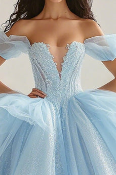 Himmelblaues Ballkleid Prinzessin Glitzer Langes Quinceanera Kleid aus Tüll mit Rüschen