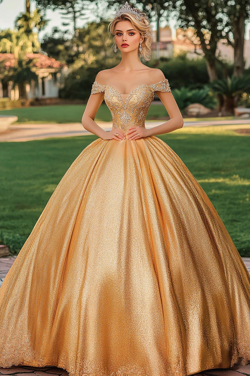 Laden Sie das Bild in den Galerie-Viewer, Glitzerndes Goldenes Ballkleid Schulterfrei Prinzessin Langes Quinceanera-Kleid mit Applikationen