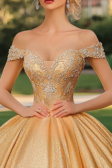 Glitzerndes Goldenes Ballkleid Schulterfrei Prinzessin Langes Quinceanera-Kleid mit Applikationen