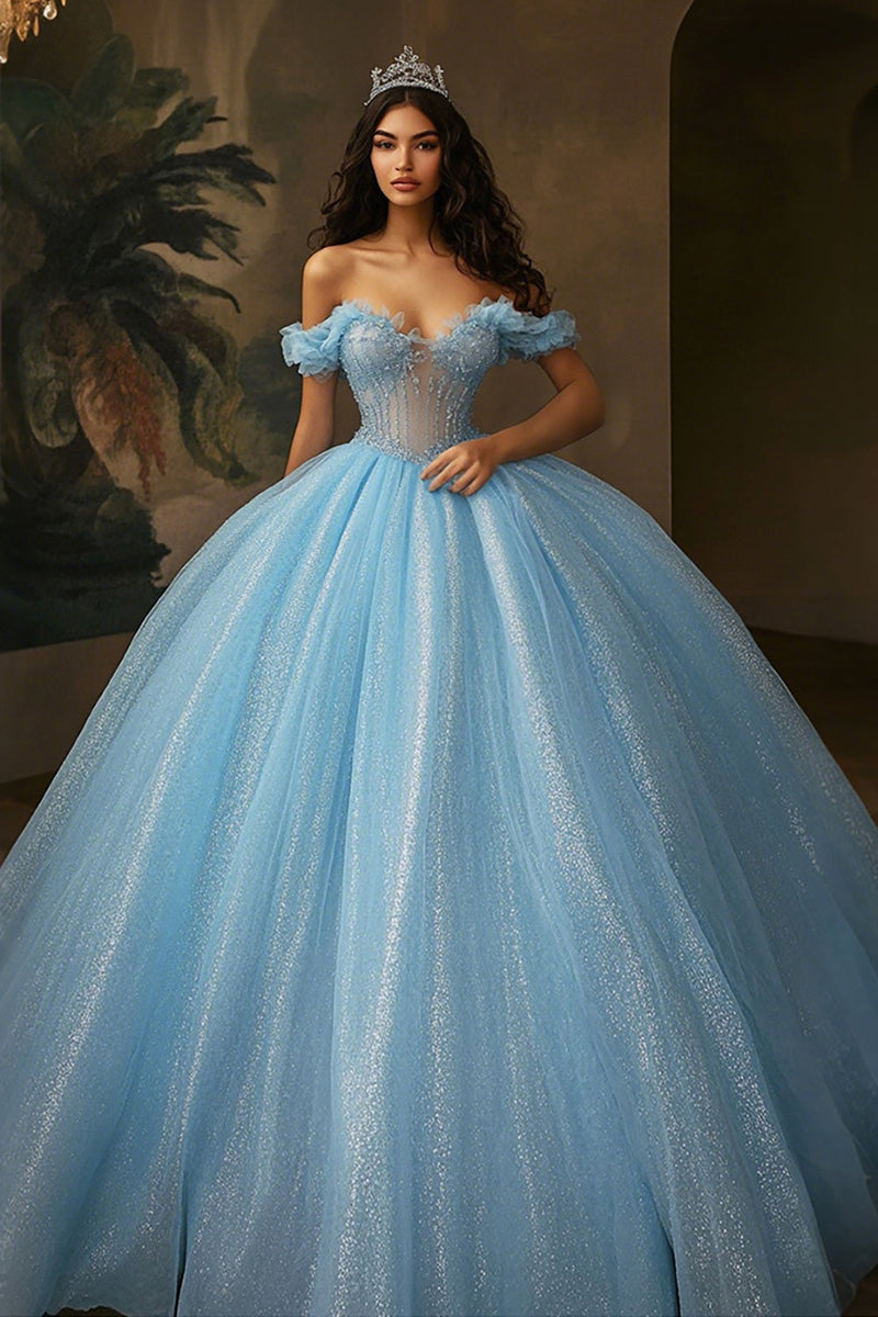 Laden Sie das Bild in den Galerie-Viewer, Himmelblaues Glitzer Korsett Ballkleid Langes Prinzessinnen Quinceanera Kleid mit Rüschen