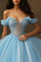 Laden Sie das Bild in den Galerie-Viewer, Himmelblaues Glitzer Korsett Ballkleid Langes Prinzessinnen Quinceanera Kleid mit Rüschen