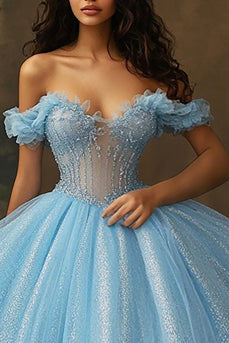 Himmelblaues Glitzer Korsett Ballkleid Langes Prinzessinnen Quinceanera Kleid mit Rüschen