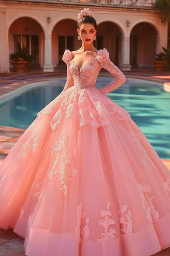 Rosa Ballkleid Tüll Langärmeliges Prinzessin Quinceanera Kleid mit Rüschen