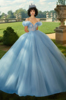 Laden Sie das Bild in den Galerie-Viewer, Himmelblaues Ballkleid Prinzessin Tüll Langes Quinceanera Kleid mit Rüschen