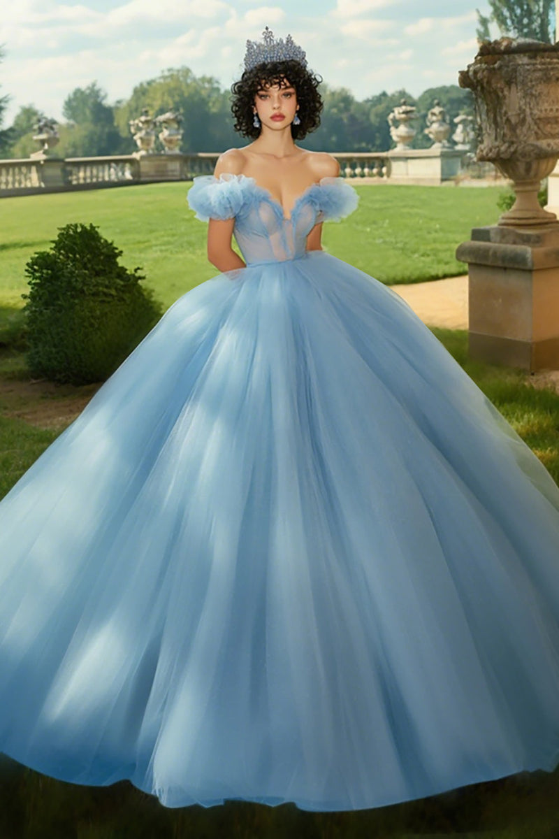 Laden Sie das Bild in den Galerie-Viewer, Himmelblaues Ballkleid Prinzessin Tüll Langes Quinceanera Kleid mit Rüschen