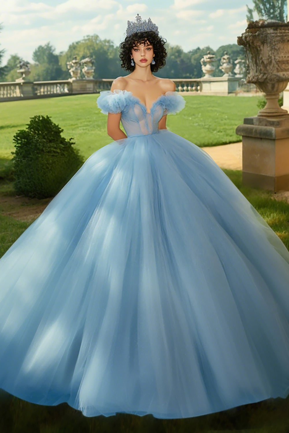 Himmelblaues Ballkleid Prinzessin Tüll Langes Quinceanera Kleid mit Rüschen